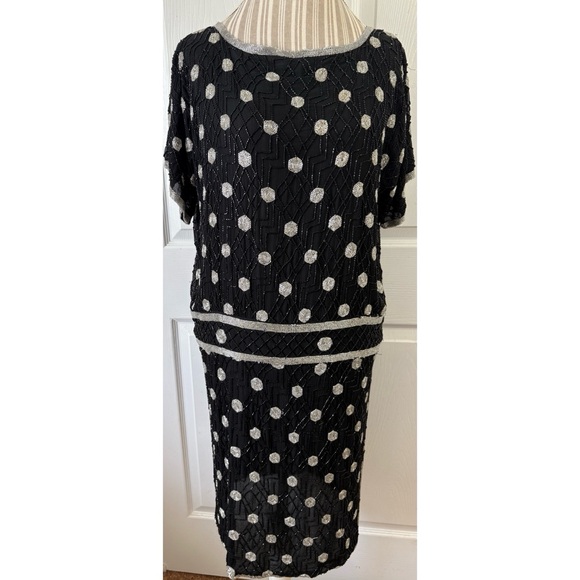 Judith Ann Creations 80s Does 20s 100% Silk Beaded Drop Waist Spider Web Dress M - Picture 1 of 9
